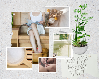 a collage of images shows ways to use epsom salts. There is a houseplant, an image of a splinter being removed, a lady soaking feet in a footbath and a bath tub filled with water
