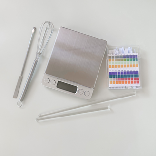 Cosmetic and Skincare Making Equipment and Supplies includes scales, mini whisk, glass rods, spatula and pH strips. 