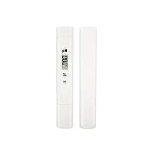 White pH meter sits on a white background. The words read pH and show a reading of 000. There is an on/off button and Cal button