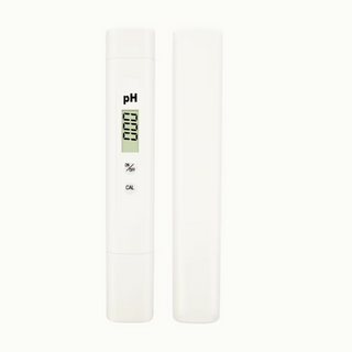 Pocket sized pH meter for skincare formulations in Australia. White meter that shows front and back sits on a white surface